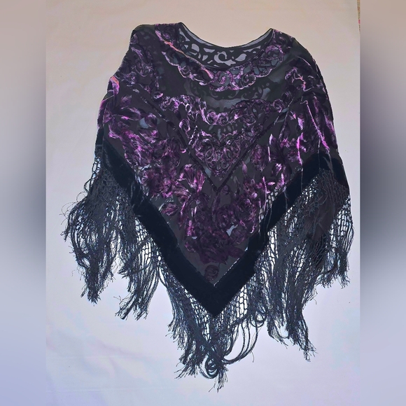 Vintage black violet velvet and sheer burnout, long fringe poncho shawl - Picture 2 of 8